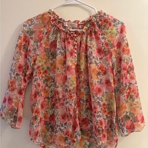 Philosophy Floral Tie-Neck Sheer Blouse in Coral, Yellow & Green